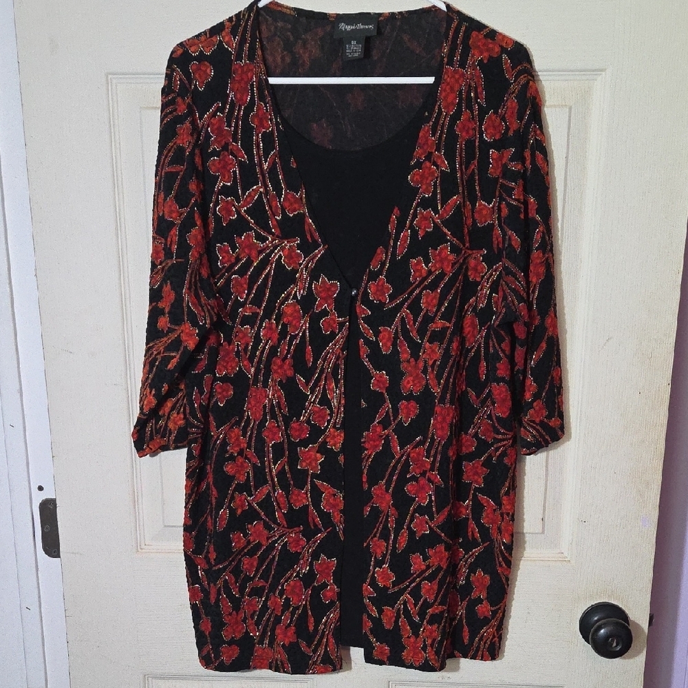 Elegant Black and Red Floral Cardigan